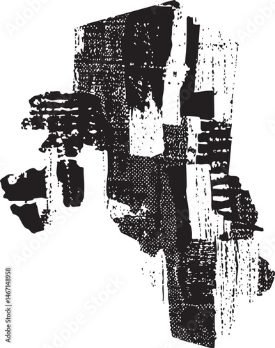 A textured fragmented black and white abstract composition.