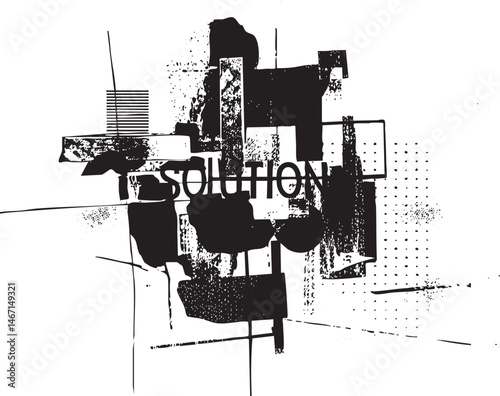 Abstract geometric shapes form the word ‘Solution’ against a textured background.