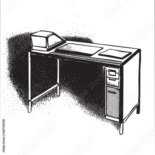A vintage black desk with a built-in radio and drawer.
