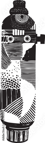 A stylized black and white of a spray paint can with an abstract human face.