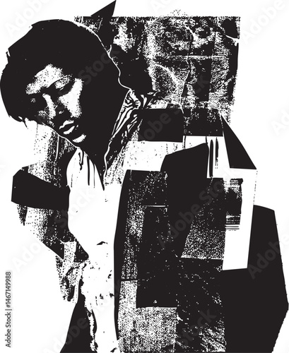 A young man gazes intently into the distance layered within a fragmented collage.