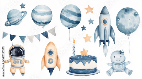 Fototapeta Naklejka Na Ścianę i Meble -  Cute watercolor space birthday set with rockets, astronauts, planets, stars, and cake in soft blue tones, perfect for boys' party decor. Generative AI