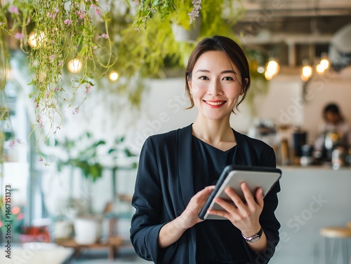 花々に囲まれタブレット持つ店主の女性