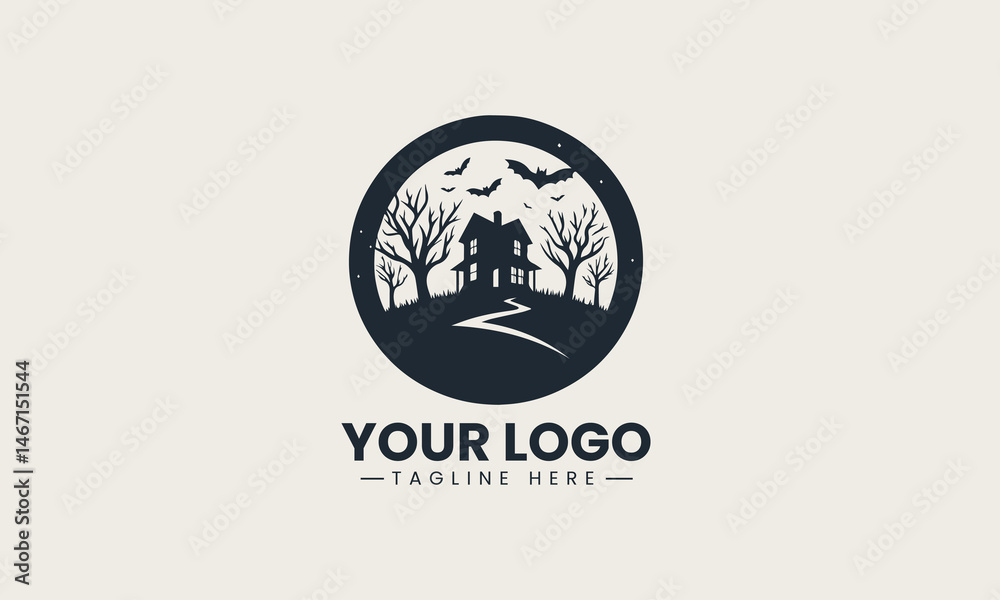Eerie haunted mansion silhouette on hilltop with bats and trees in spooky vector logo design Eerie haunted mansion silhouette on hilltop with bats and trees in spooky vector logo design