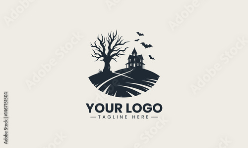 Eerie haunted mansion silhouette on hilltop with bats and trees in spooky vector logo design
