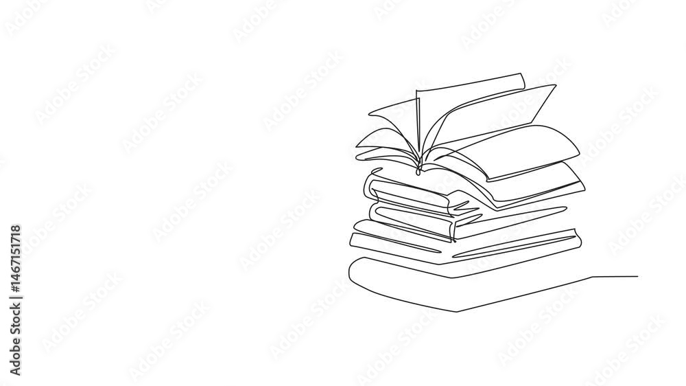 National Thesaurus Day. Self drawing animation of one single line stack of books with open page book above it. High educational concept. Continuous line self drawing animated. Full length motion