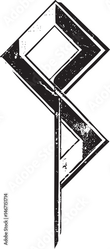 A stark angular geometric shape dominates the with sharp lines and a defined square.