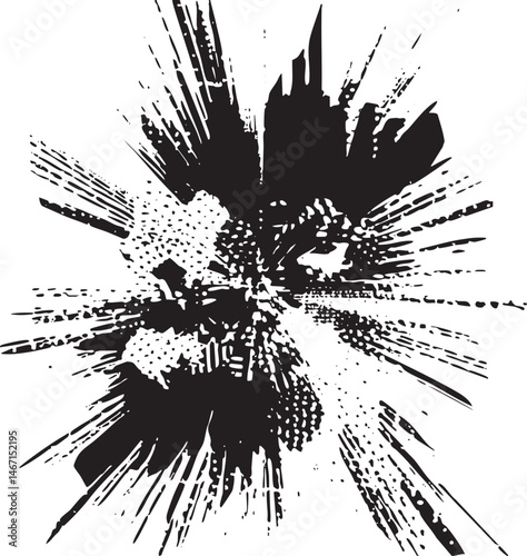 A dynamic abstract burst of black lines radiates outward from a central point.