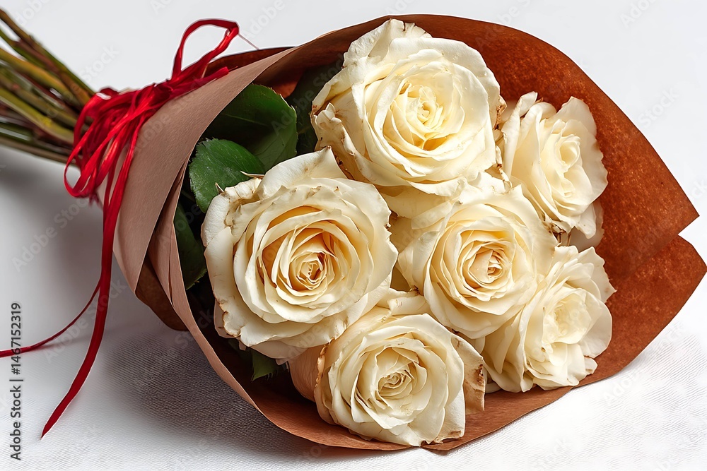 Elegant Bouquet of White Roses Wrapped in Brown Paper for Special Occasions Studio Floral Arrangement Romantic Atmosphere
