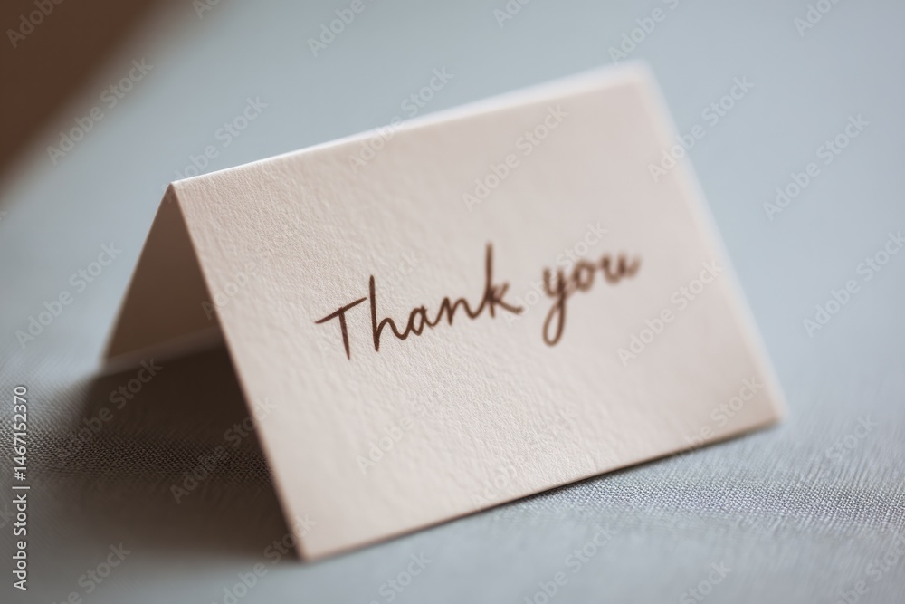 minimalistic close-up of thank you note on clean desk surrounded by soft light with substantial copy space minimalistic close-up of thank you note on clean desk surrounded by soft light with substantial copy space