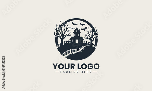 Silhouette of haunted mansion on a hill with bats and bare trees in eerie vector logo illustration design