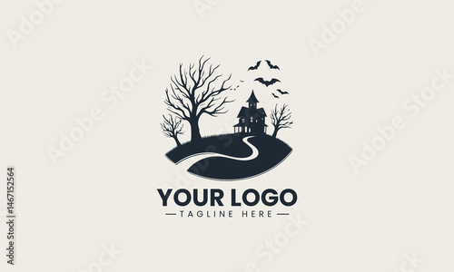 Silhouette of haunted mansion on a hill with bats and bare trees in eerie vector logo illustration design