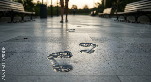 Ephemeral Journey Water Footprints on Pavement Leading Away Person Park