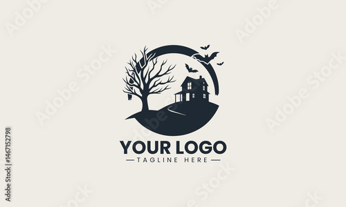 Silhouette of haunted mansion on a hill with bats and bare trees in eerie vector logo illustration design