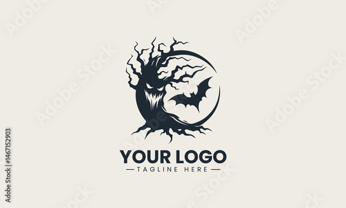 Dark twisted tree with creepy face in silhouette style vector logo illustration design