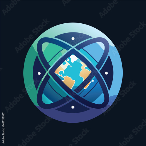 A stylized graphic of Earth with interwoven, orbiting lines, representing global interconnectedness and technology.