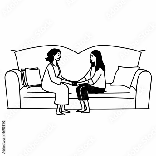 Happy senior mother and young grown-up daughter sitting on sofa at home, holding hands, talking and looking at each other. Family values, helping elderly relative, love, support, mutual understanding