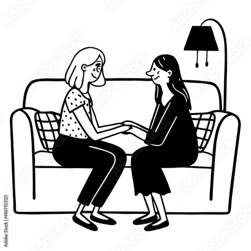 Happy senior mother and young grown-up daughter sitting on sofa at home, holding hands, talking and looking at each other. Family values, helping elderly relative, love, support, mutual understanding
