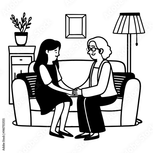Happy senior mother and young grown-up daughter sitting on sofa at home, holding hands, talking and looking at each other. Family values, helping elderly relative, love, support, mutual understanding