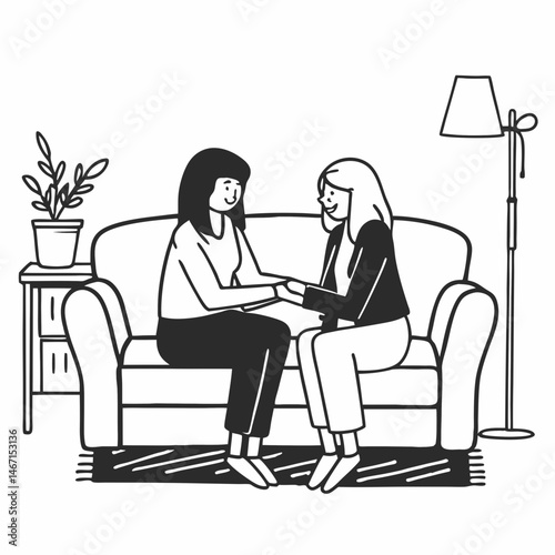 Happy senior mother and young grown-up daughter sitting on sofa at home, holding hands, talking and looking at each other. Family values, helping elderly relative, love, support, mutual understanding