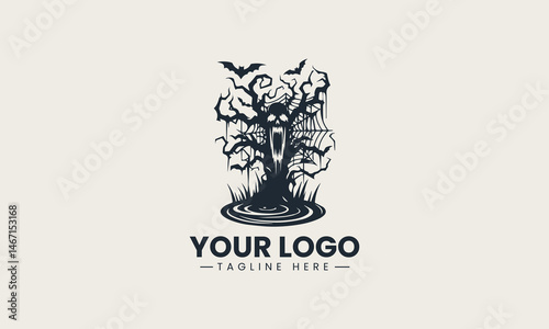 Dark twisted tree with creepy face in silhouette style vector logo illustration design