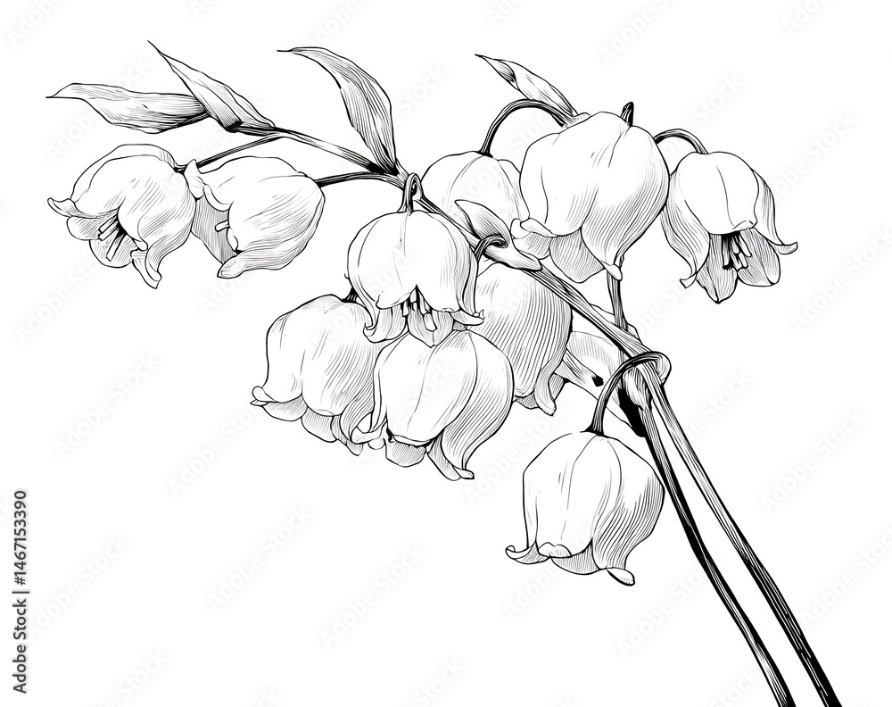 Elegant Line Art of Flower of the Valley Botanical Illustration Minimalist Design White Background Artistic Perspective