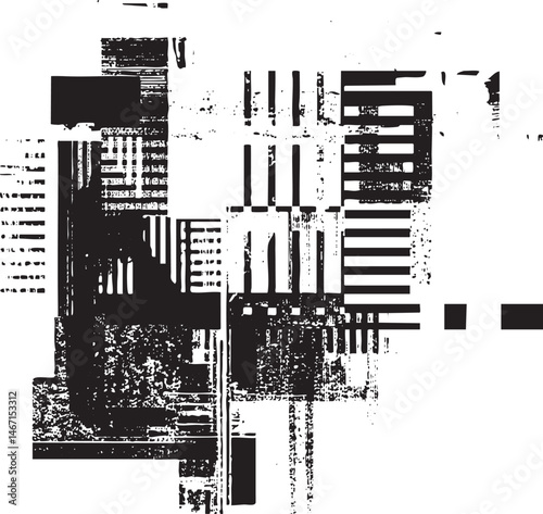 A fragmented grayscale abstract composition with intersecting geometric shapes.