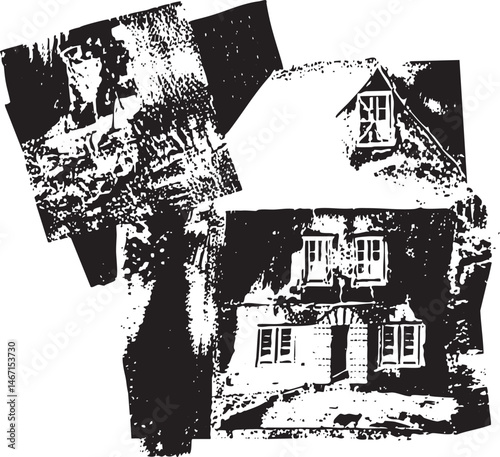 Several fragmented black and white houses create a dynamic composition.