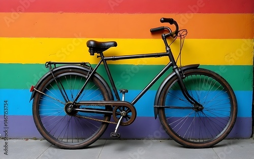 A vintage bicycle leaned against a city wall with LGBT Pride flag graffiti.