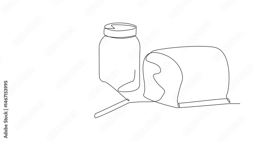 Animation of continuous one line drawing jar of peanut butter and bread ...