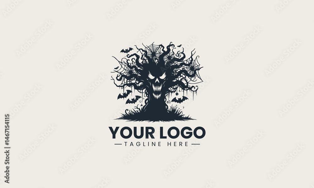 Obraz premium Creepy gnarled tree silhouette with a scary face in dark vector logo illustration design