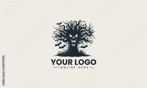 Creepy gnarled tree silhouette with a scary face in dark vector logo illustration design