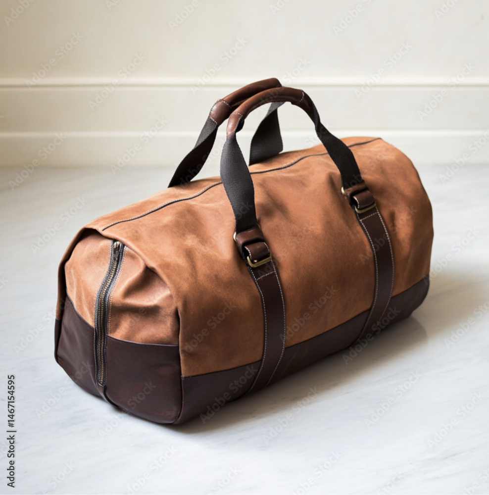 a nylon packable foldable duffle bag in a leather pouch