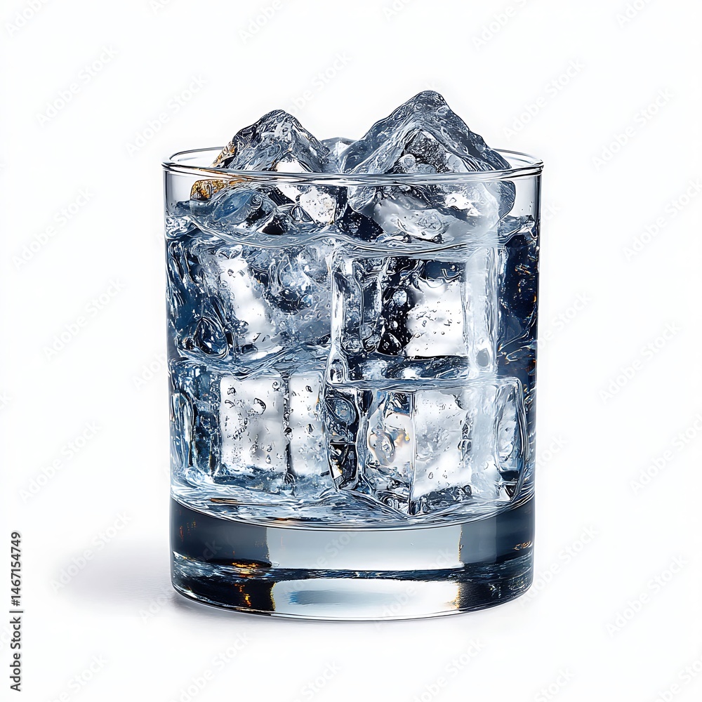 Refreshing Clear Glass Tumbler with Ice Cubes Isolated on a White Background Beverage Photography Minimalist Style