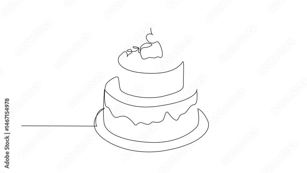 Animation of continuous one line drawing two tier chocolate cake with cherry topping. Celebration cake. Delight. National Chocolate Cake Day. Single line self drawing animated. Full length motion