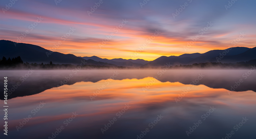 Obraz premium Dreamy Landscape Scene With Sunrise Over Mountain And Lake Reflection