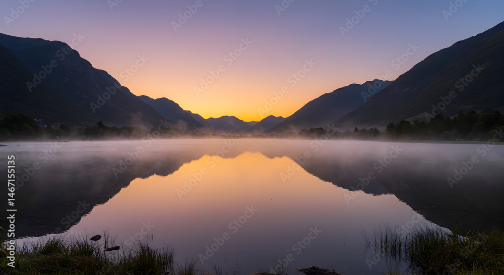 Fototapeta premium Tranquil Lake Reflection Surrounded By Mountains During Peaceful Dawn