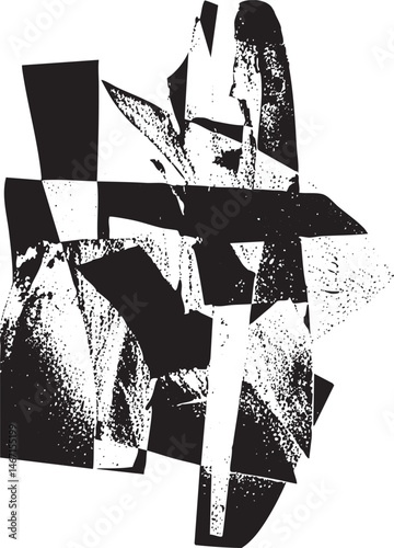 A fragmented abstract figure emerges from a textured black and white composition.