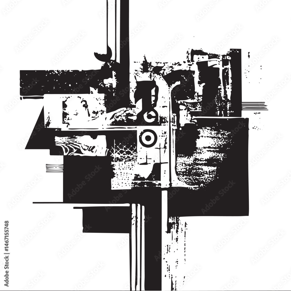 Fototapeta premium A fragmented black and white abstract composition features geometric shapes and textured overlays.