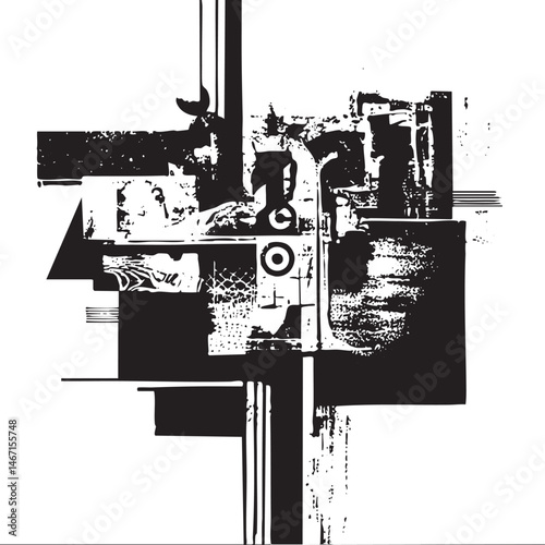 A fragmented black and white abstract composition features geometric shapes and textured overlays.