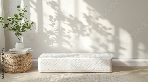 White mattress on floor in sunlit room with plant and books.