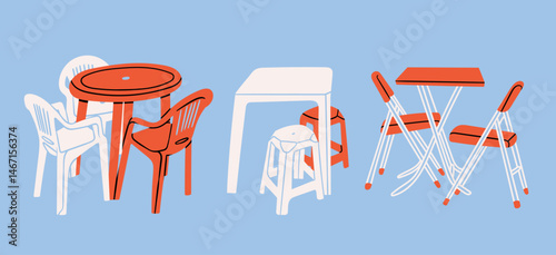 Plastic furniture set. Colorful tables and chairs, plastic portable seats. Asian cafe, coffee table, street food, local food concept. Hand drawn modern Vector illustration. Isolated design elements