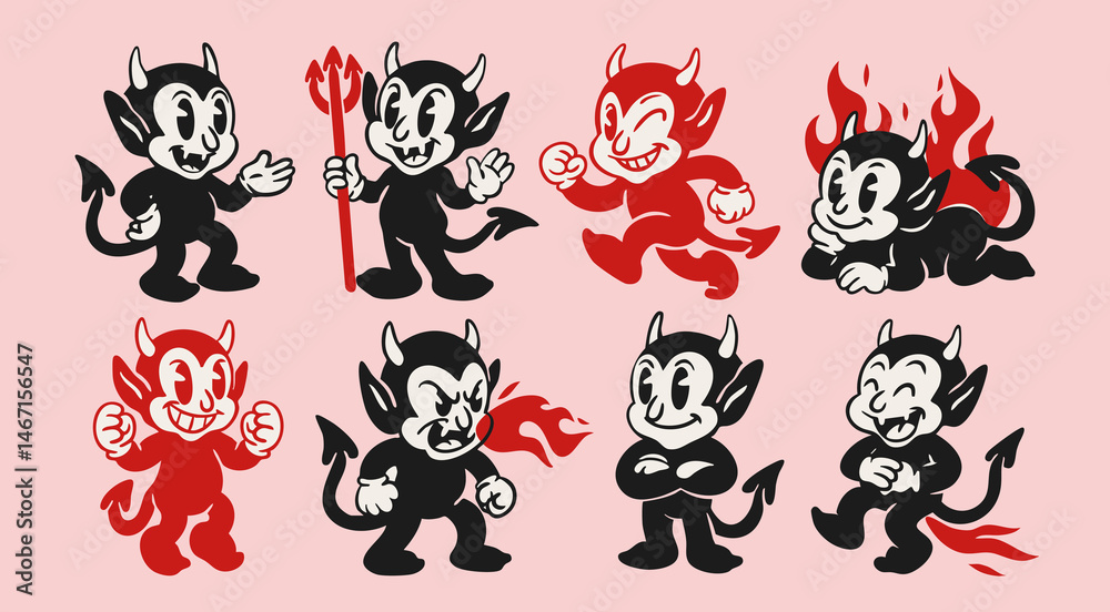 Fototapeta premium Cute little Devils set. Funny black, red characters with fire, flame, trident. Different poses. Hand drawn Vector illustration. Halloween, retro, vintage, cartoon mascot concept. Isolated elements