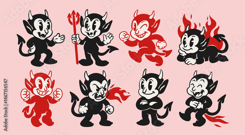 Cute little Devils set. Funny black, red characters with fire, flame, trident. Different poses. Hand drawn Vector illustration. Halloween, retro, vintage, cartoon mascot concept. Isolated elements