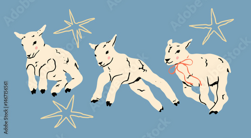 Cute little lambs. Sheep in jumping, running movement. Hand drawn Vector illustration. Count sheep before sleep concept. Print, postcard, invitation design template. Isolated elements