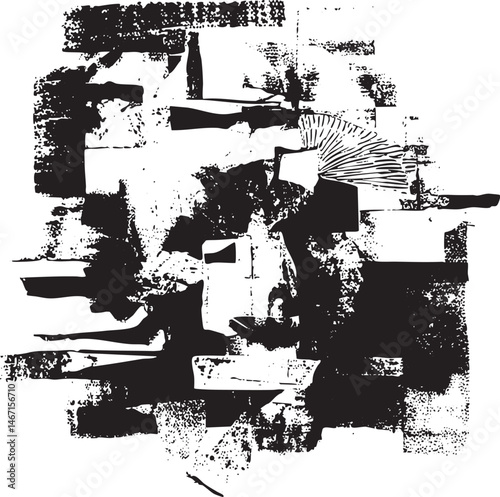 Abstract black and white shapes create a dynamic composition of geometric forms.