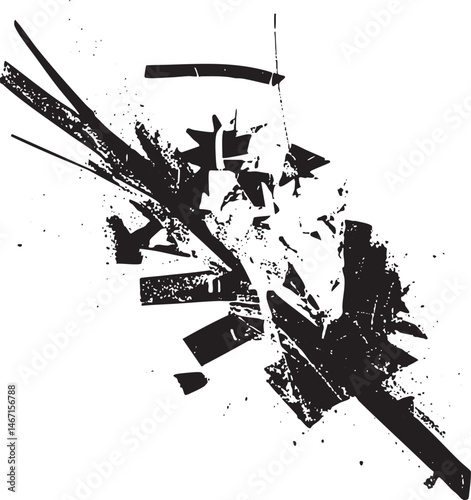 Abstract geometric shapes collide in a dynamic fragmented composition.