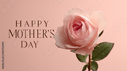 Happy mother's day card featuring a single pink rose with green leaves on a light pink background
