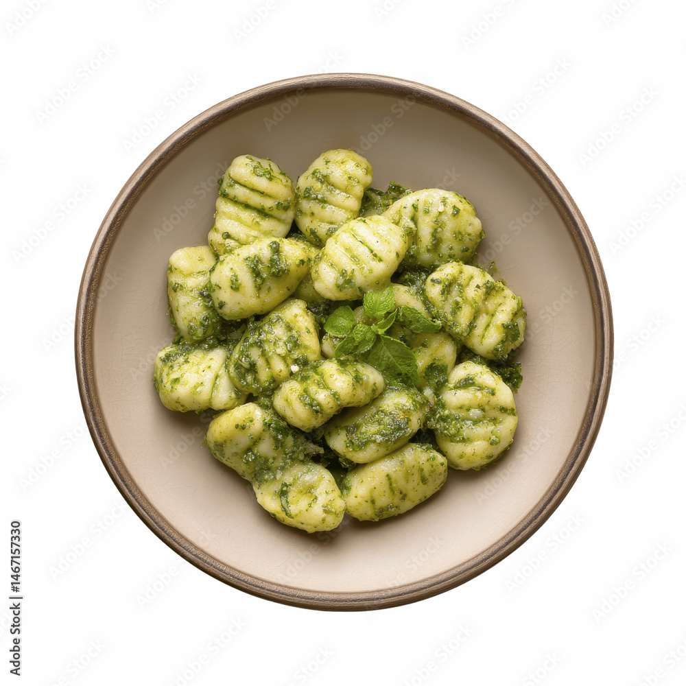 Fototapeta premium Delicious Pesto Gnocchi in a Rustic Bowl - Overhead Shot