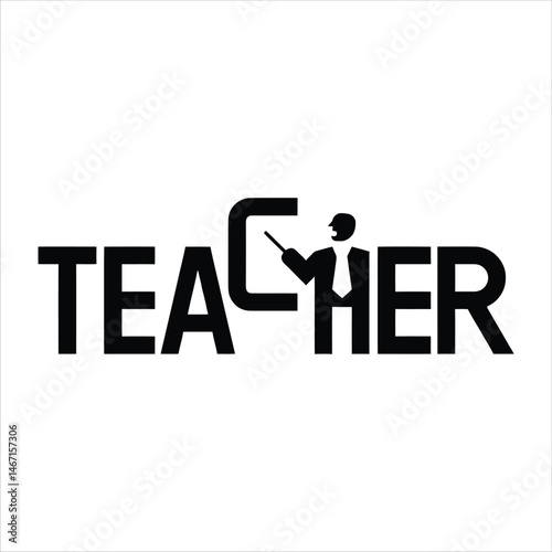 Creative Teacher Typography Logo with Silhouette Holding Pointer and Book Education Concept Vector for School Learning and Teaching Design
